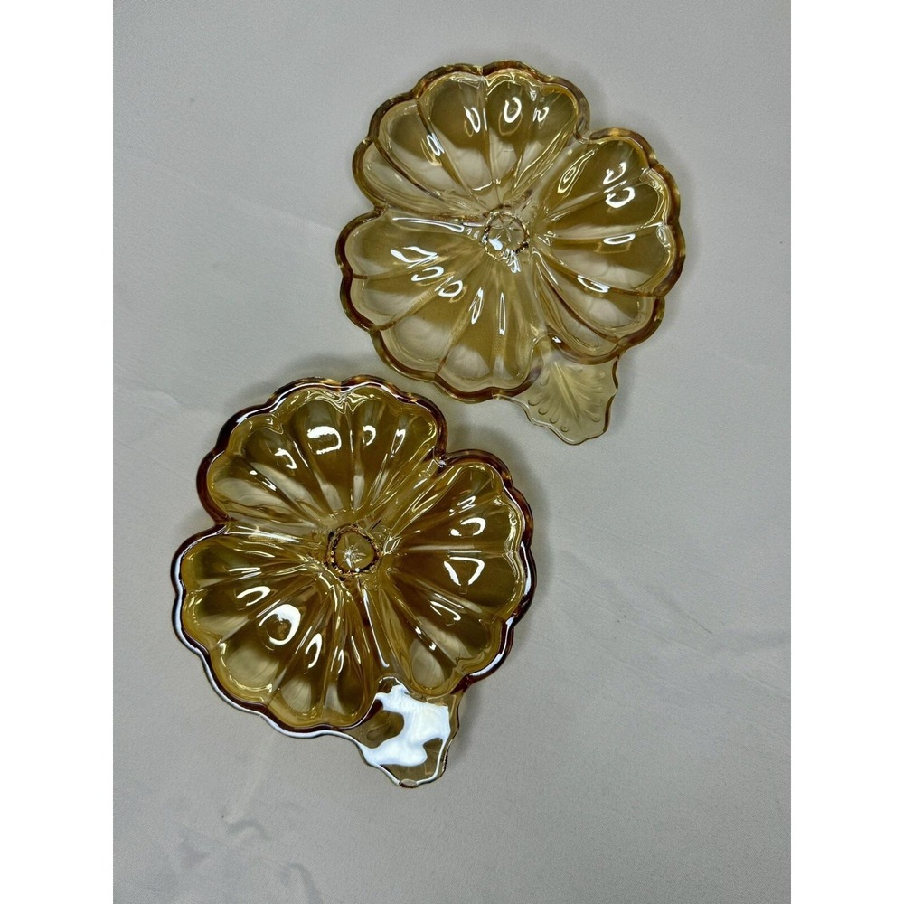 1930s Candy Dish Set of 2 Amber Marigold‎ Iridescent Floral Leaf Handle Pressed
